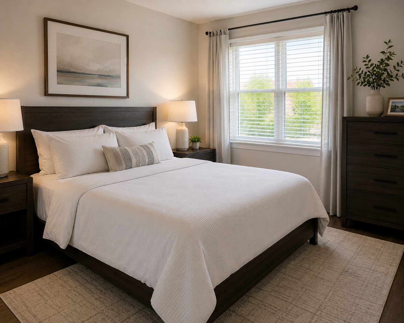 Freshly cleaned and styled bedroom with crisp white linens