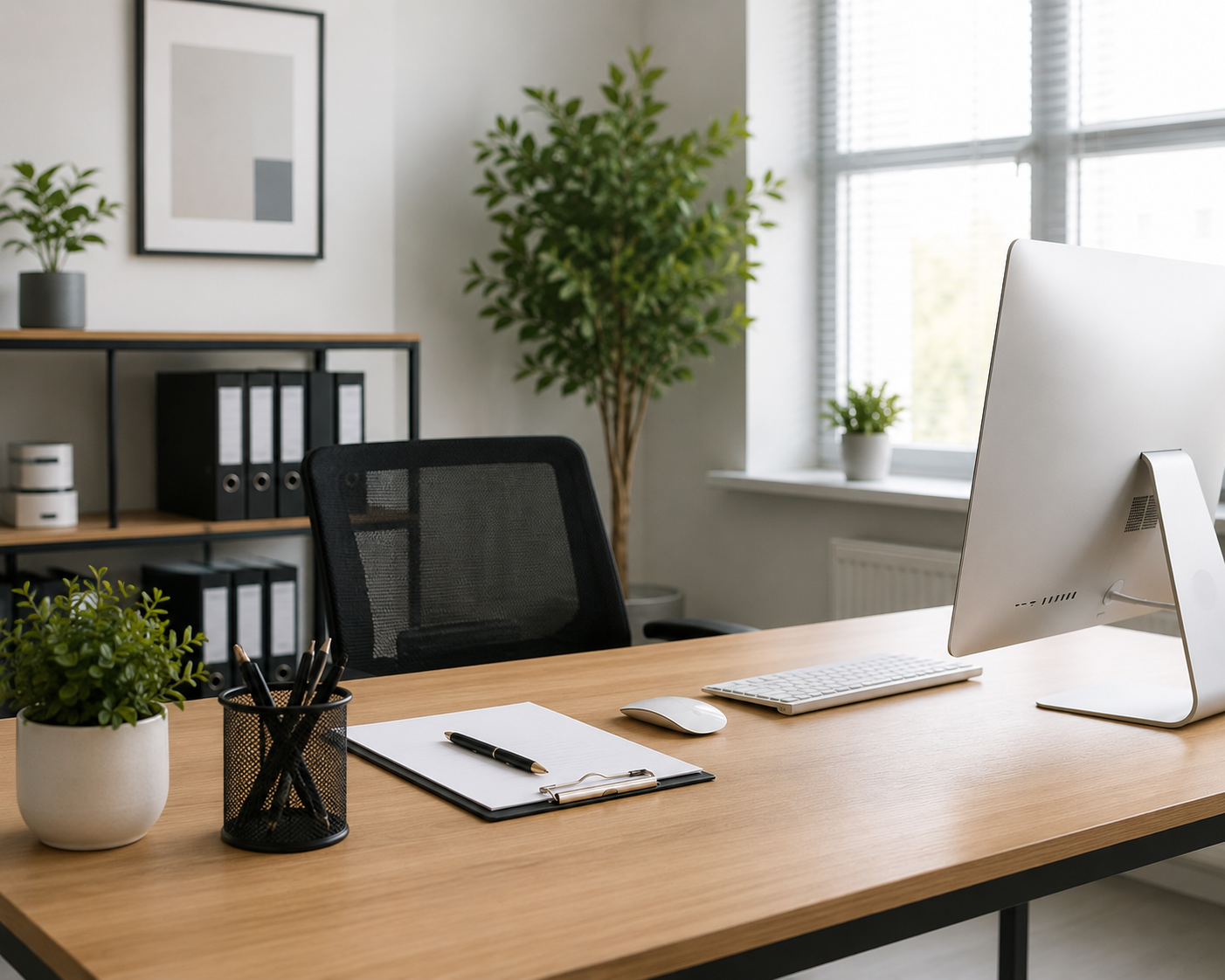 Tidy, polished office desk and workspace ready for the day