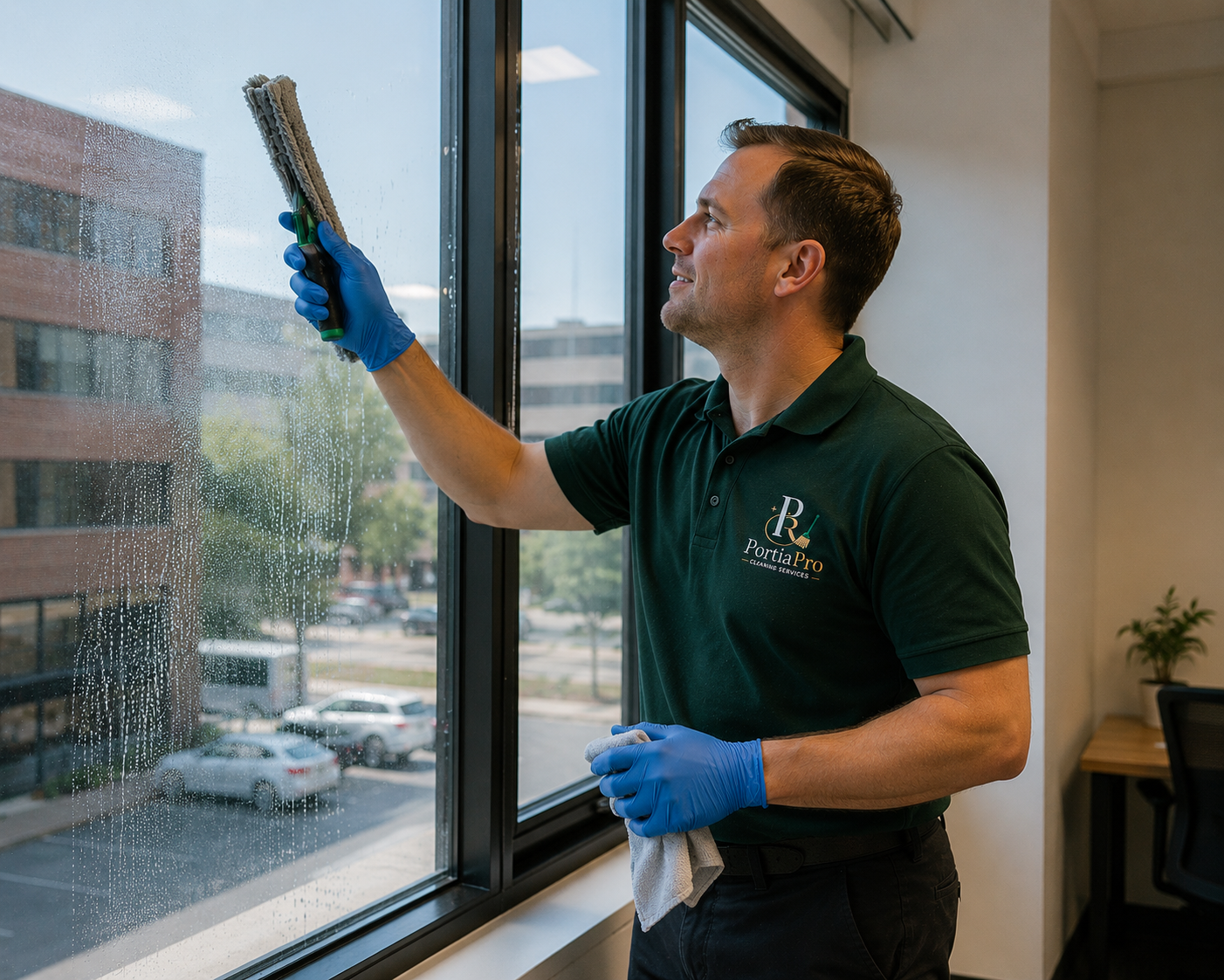 PortiaPro cleaner polishing office windows to a streak-free finish